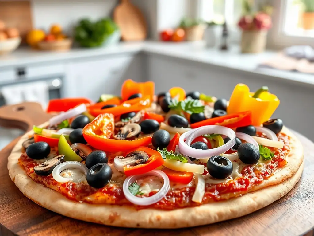 A visually appealing image of a vegetarian pizza, showcasing a colorful assortment of fresh vegetables such as bell peppers, mushrooms, onions, and olives on a bed of melted cheese and tomato sauce, highlighting the freshness and variety of ingredients.