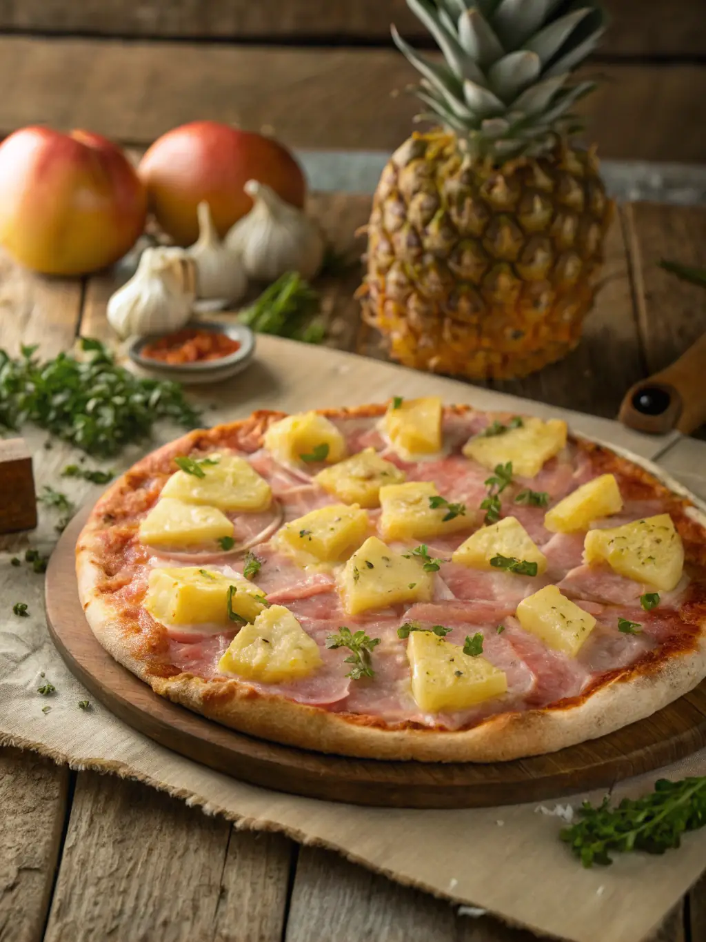 A Hawaiian pizza with juicy pineapple chunks, savory ham slices, and melted cheese on a crispy crust, creating a sweet and savory combination.