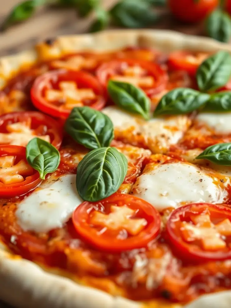 A close-up shot of a classic Margherita pizza with fresh basil, ripe tomatoes, and melted mozzarella cheese, showcasing its vibrant colors and simple elegance.