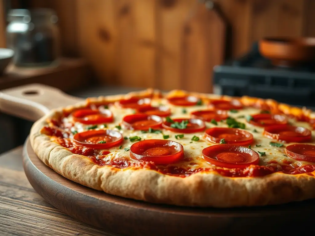 A close-up image of a pepperoni pizza, highlighting the crispy pepperoni slices, melted cheese, and flavorful tomato sauce on a golden-brown crust, with a focus on the texture and appetizing appearance.