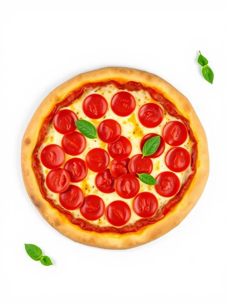 A gourmet pepperoni pizza with artisanal pepperoni slices, a blend of Italian cheeses, and a sprinkle of oregano, highlighting its rich and savory flavors.