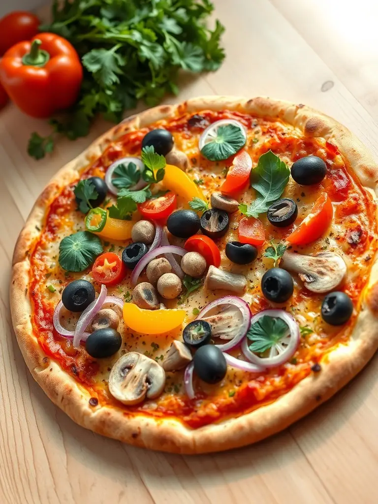 A vegetarian pizza loaded with colorful vegetables like bell peppers, mushrooms, onions, and olives, topped with a generous layer of cheese, emphasizing its freshness and healthiness.